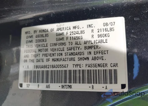 2008 Acura Tl 3.2 from USA, damaged, VIN 19UUA66218A005547